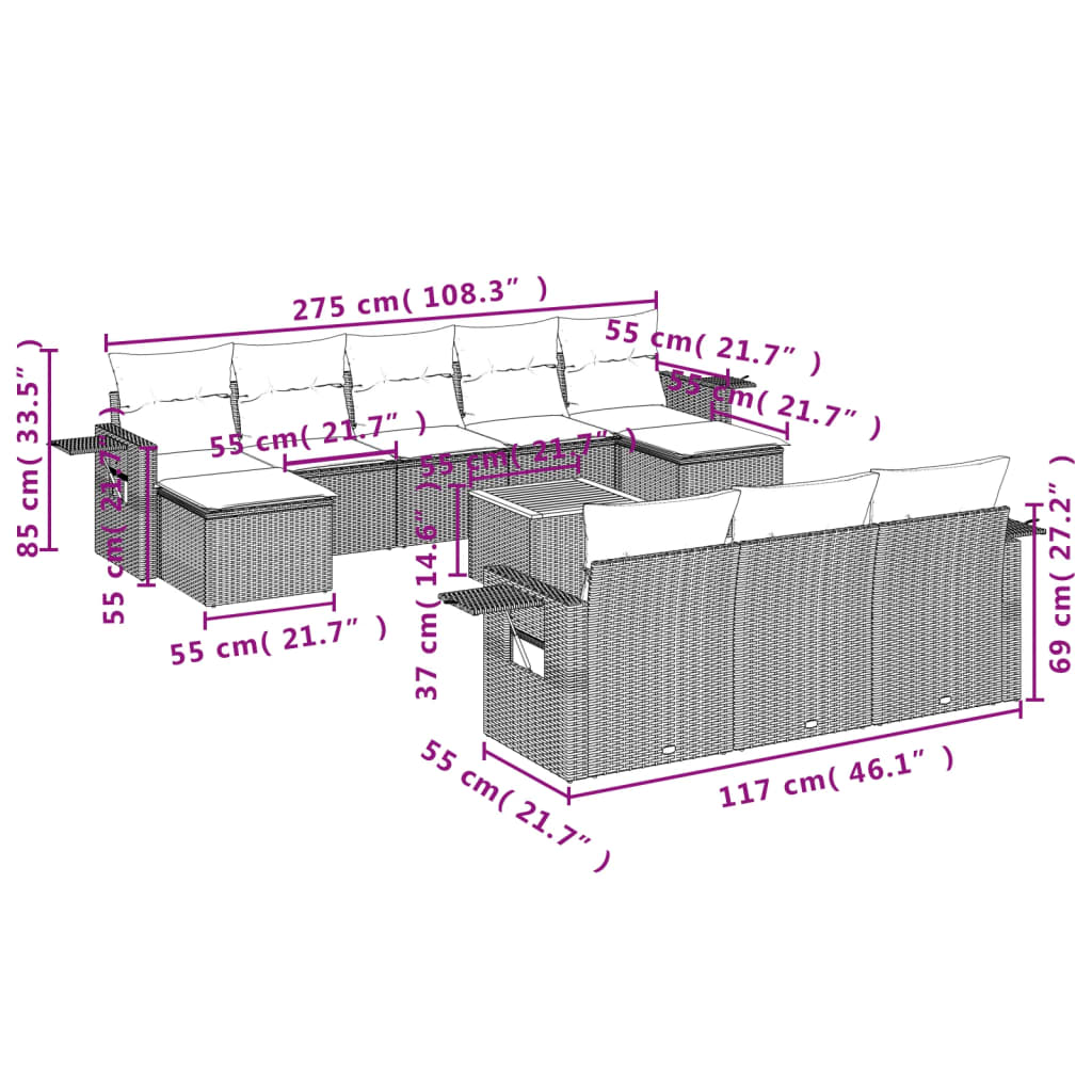 11-Delige Loungeset Met Kussens Poly Rattan Zwart