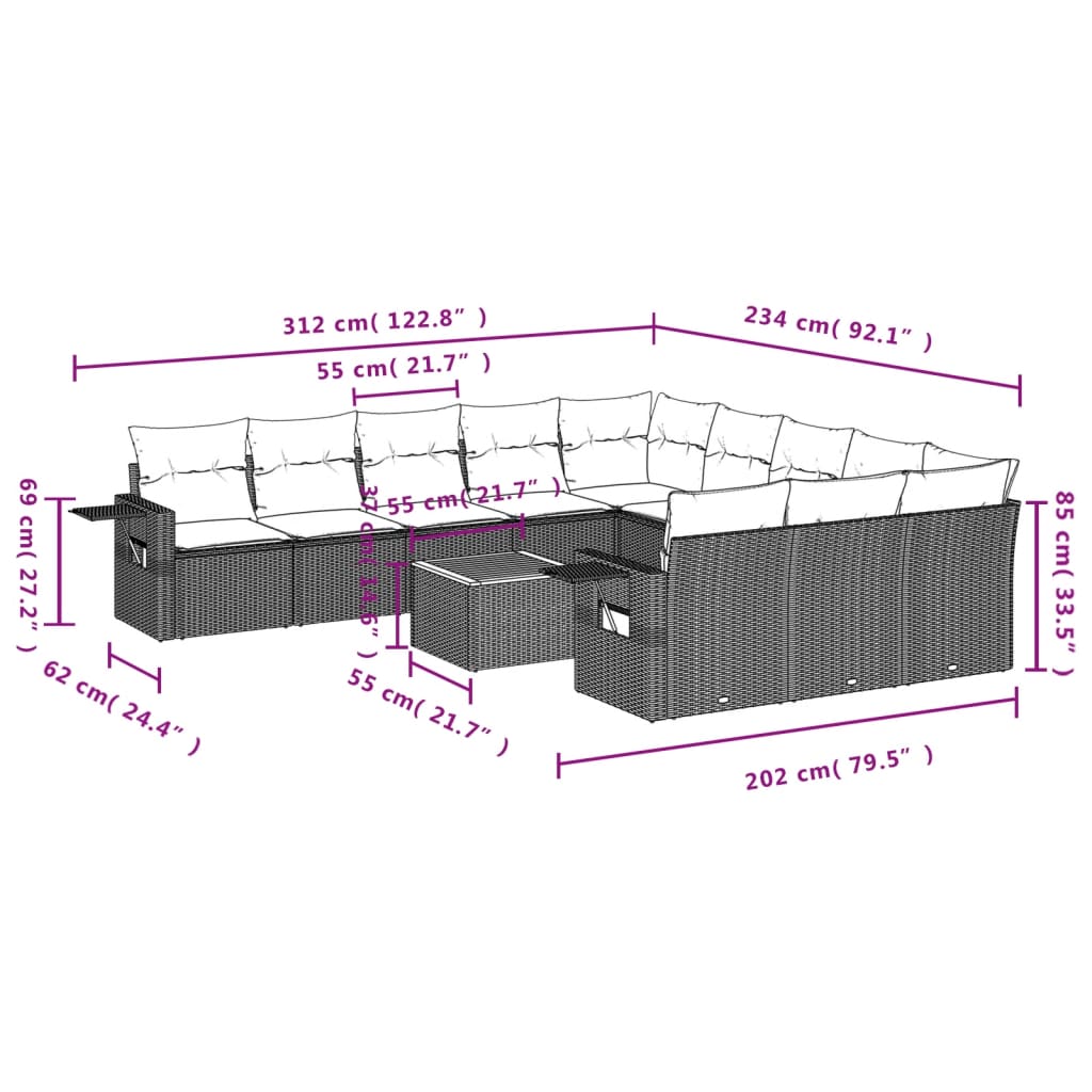 12-Delige Loungeset Met Kussens Poly Rattan Zwart