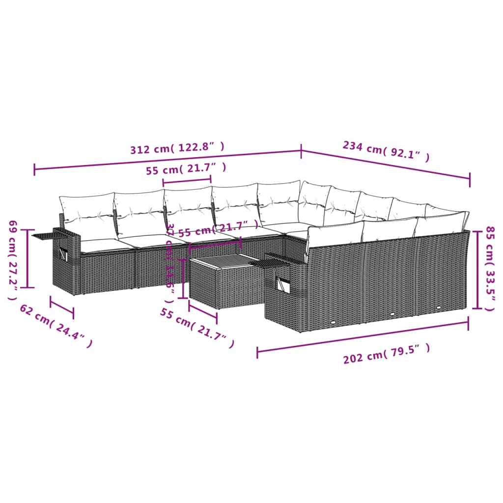 12-Delige Loungeset Met Kussens Poly Rattan Grijs