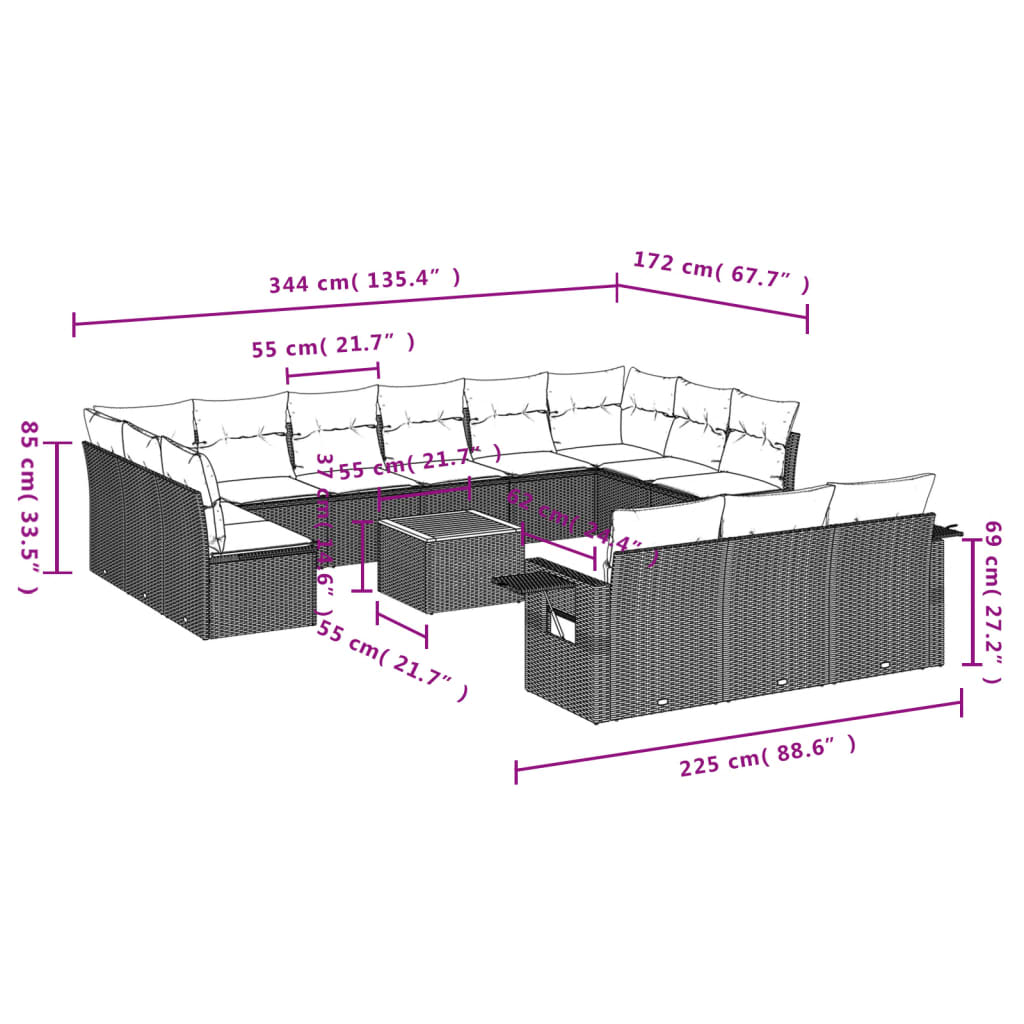 14-Delige Loungeset Met Kussens Poly Rattan Zwart