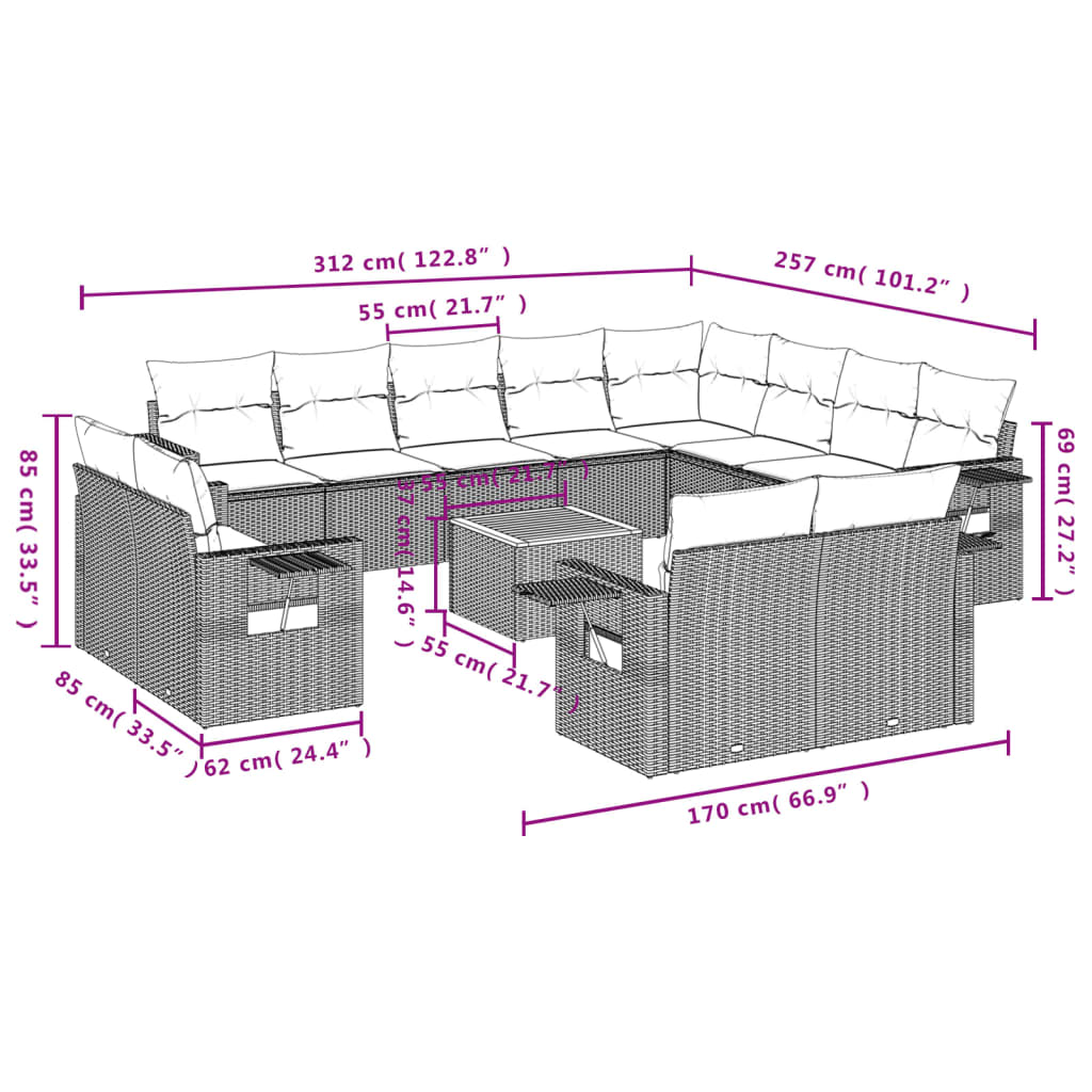 13-Delige Loungeset Met Kussens Poly Rattan Grijs