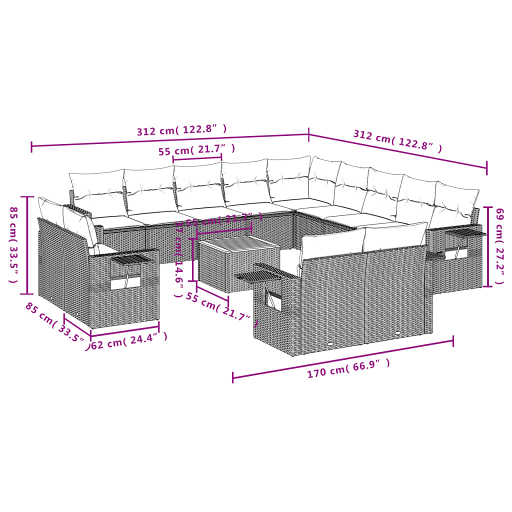 14-Delige Loungeset Met Kussens Poly Rattan Zwart