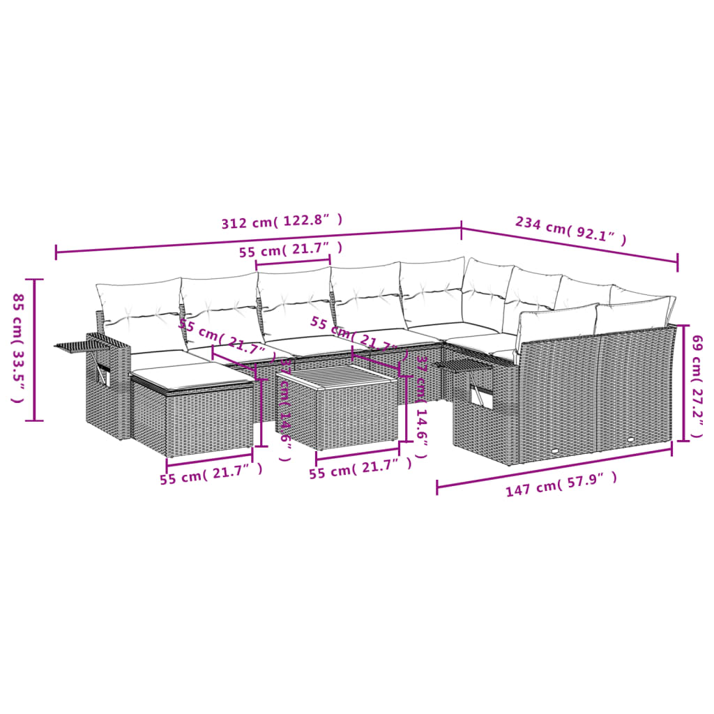 11-Delige Loungeset Met Kussens Poly Rattan Zwart