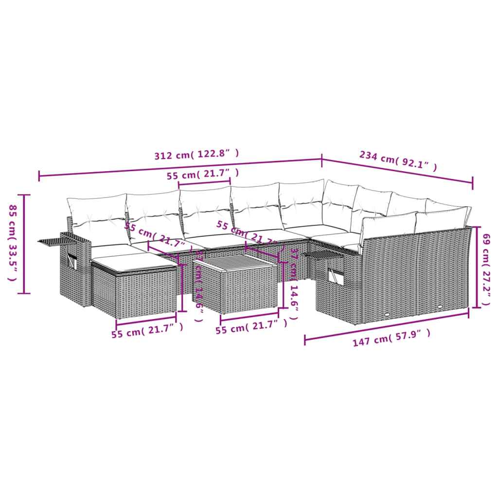 11-Delige Loungeset Met Kussens Poly Rattan Zwart