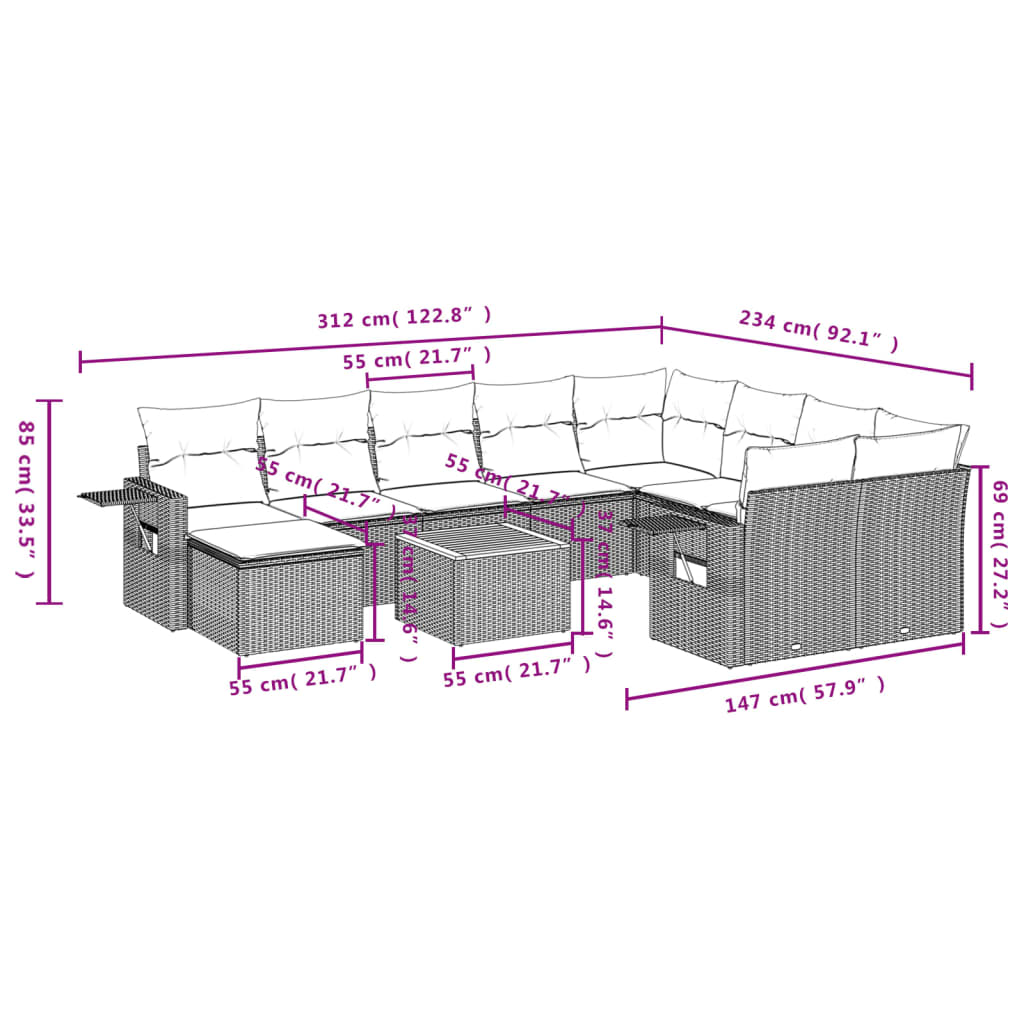 11-Delige Loungeset Met Kussens Poly Rattan Grijs