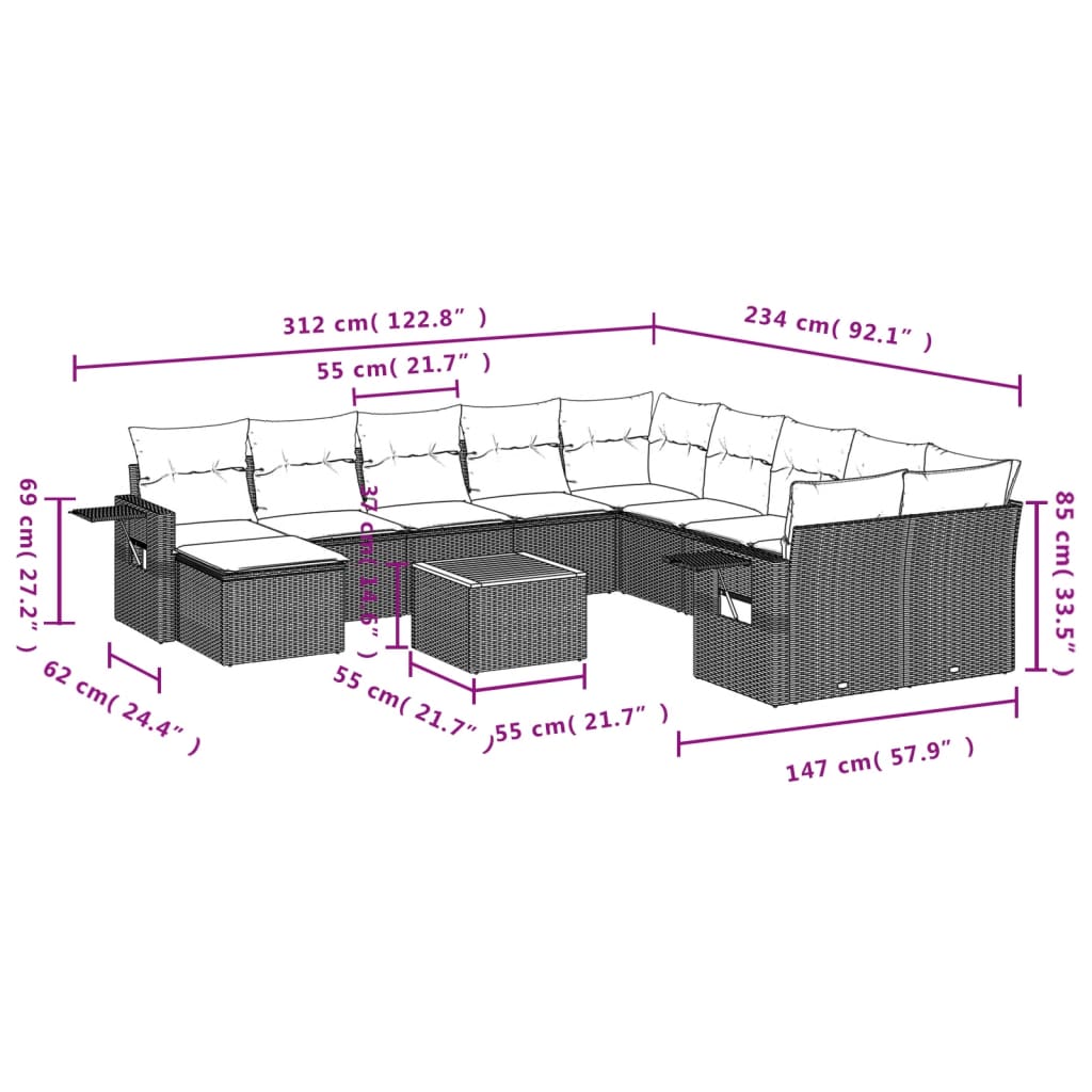 12-Delige Loungeset Met Kussens Poly Rattan Zwart