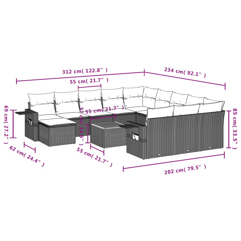 12-Delige Loungeset Met Kussens Poly Rattan Grijs