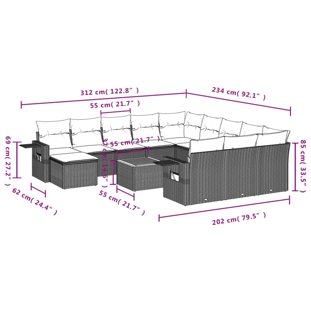 13-Delige Loungeset Met Kussens Poly Rattan Grijs