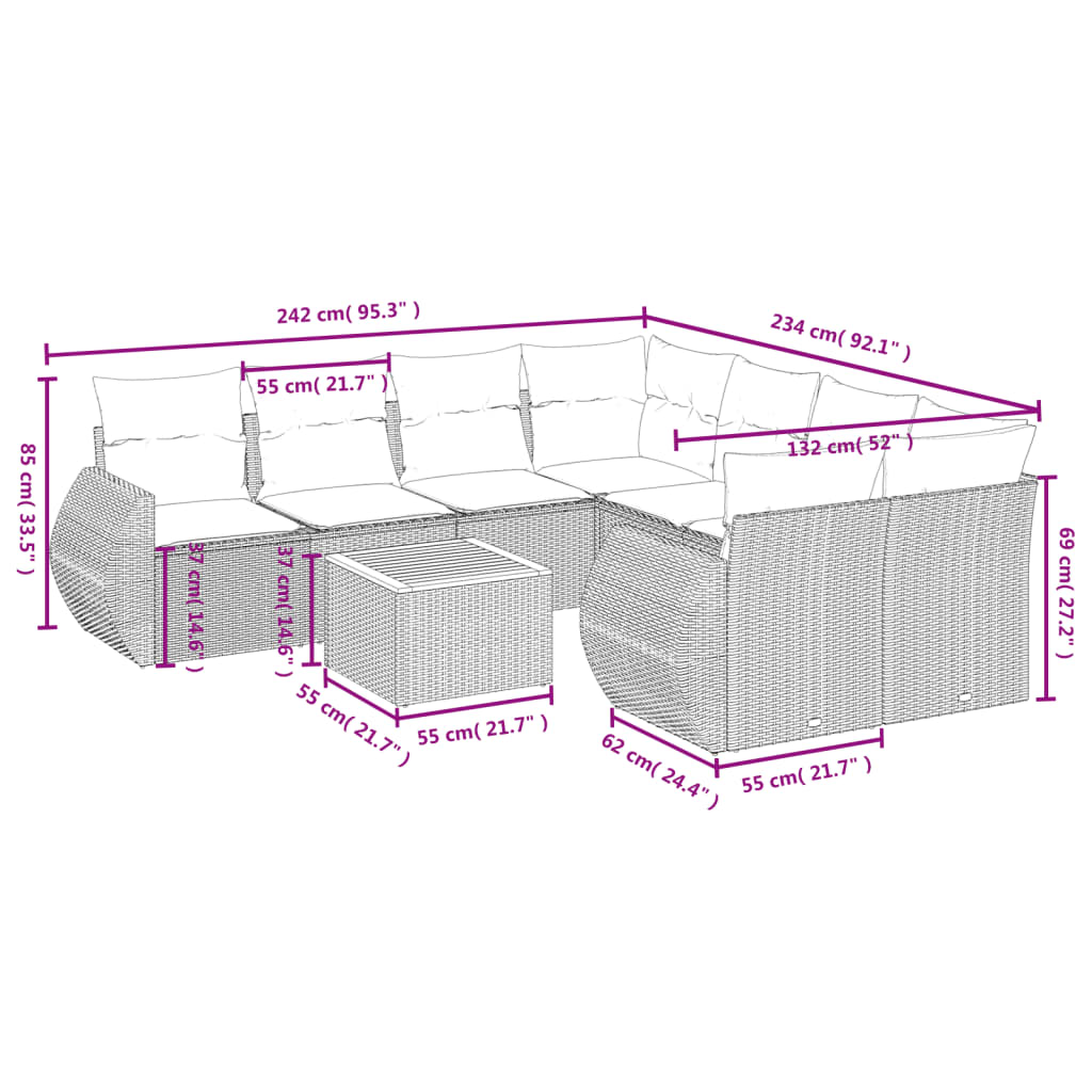 9-Delige Loungeset Met Kussens Poly Rattan Zwart