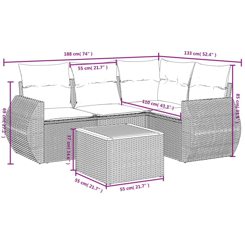 5-Delige Loungeset Met Kussens Poly Rattan Grijs