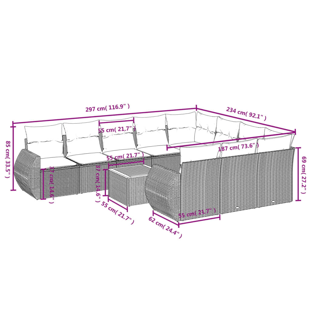 11-Delige Loungeset Met Kussens Poly Rattan Zwart