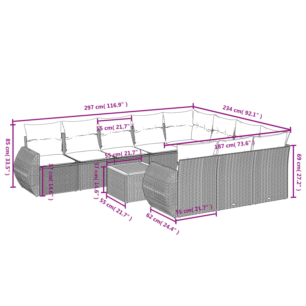 11-Delige Loungeset Met Kussens Poly Rattan Grijs