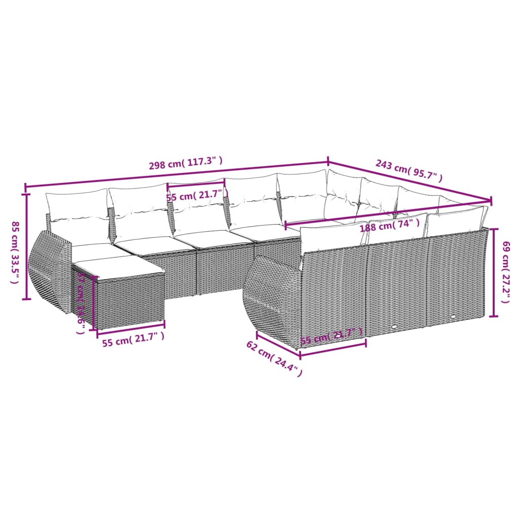 11-Delige Loungeset Met Kussens Poly Rattan Grijs