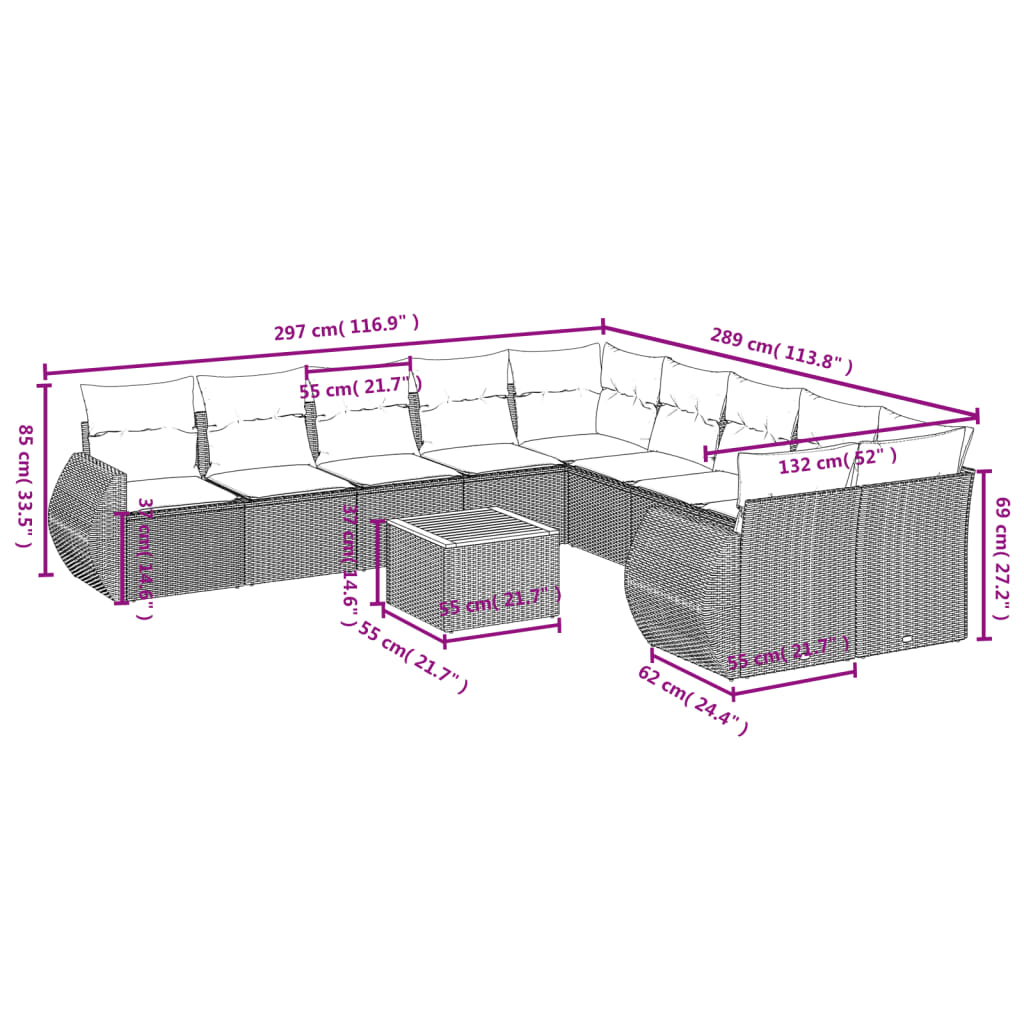 11-Delige Loungeset Met Kussens Poly Rattan Zwart