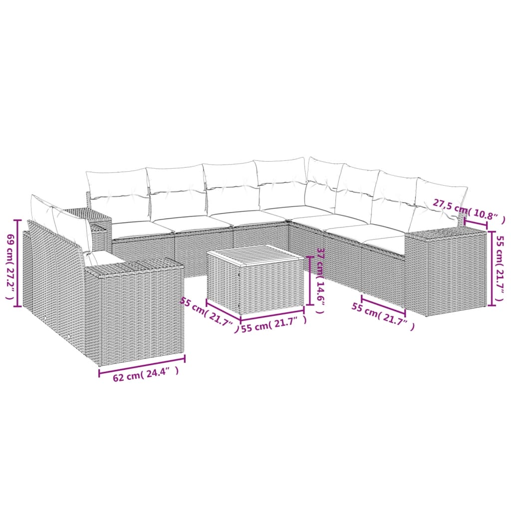 10-Delige Loungeset Met Kussens Poly Rattan Zwart