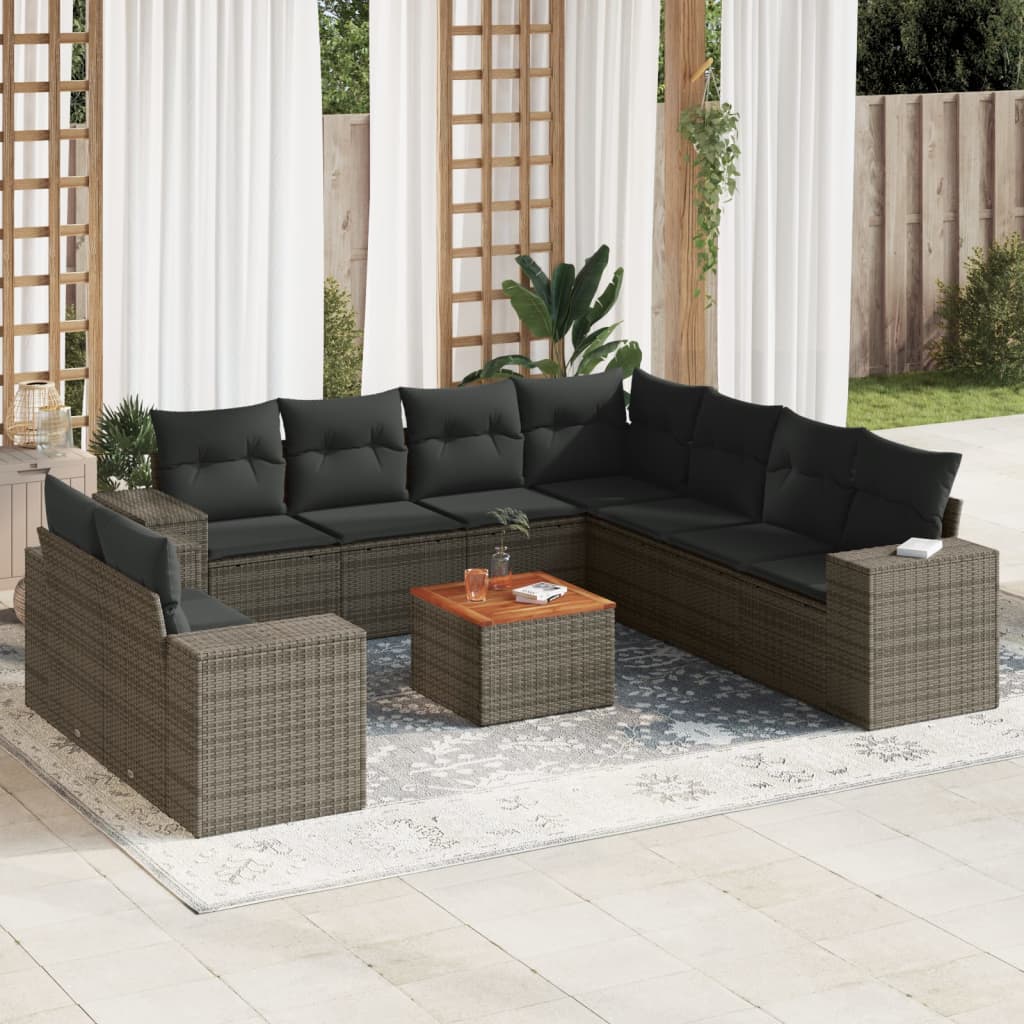 10-Delige Loungeset Met Kussens Poly Rattan Grijs