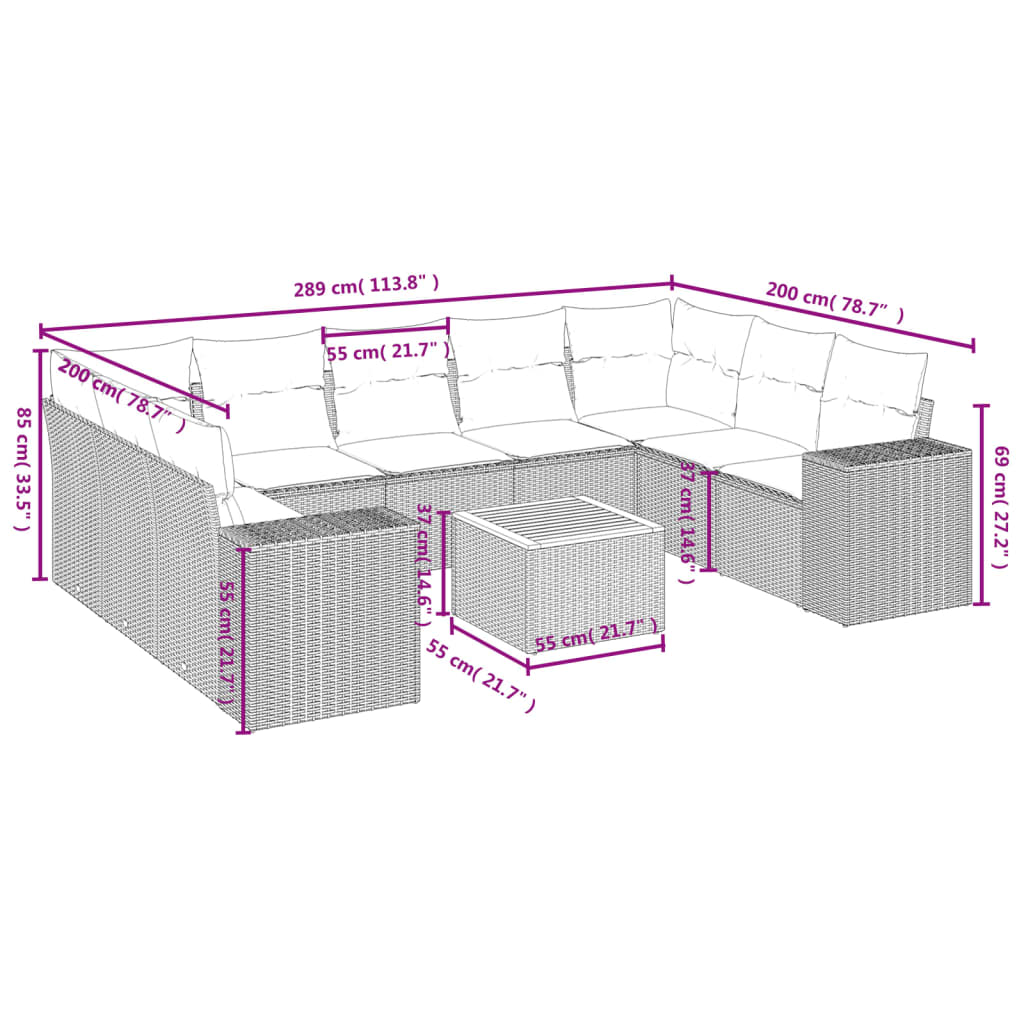 10-Delige Loungeset Met Kussens Poly Rattan Zwart