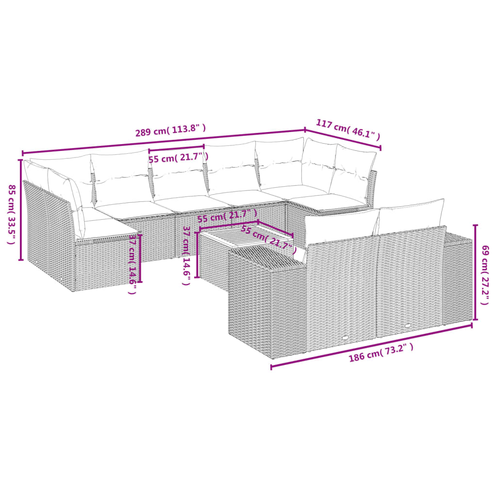 10-Delige Loungeset Met Kussens Poly Rattan Grijs