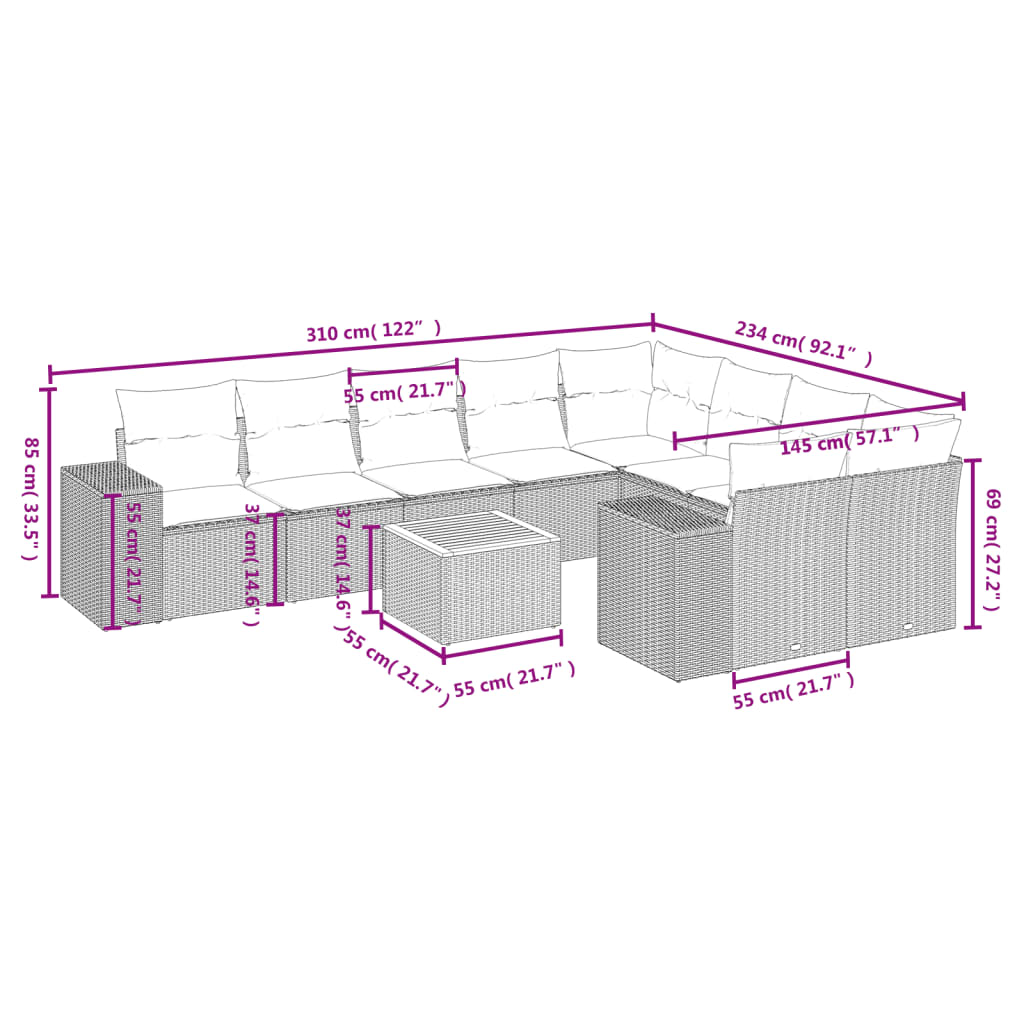 10-Delige Loungeset Met Kussens Poly Rattan Zwart