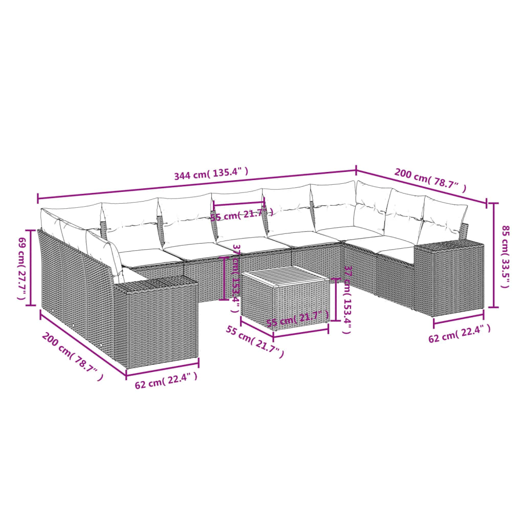 11-Delige Loungeset Met Kussens Poly Rattan Zwart