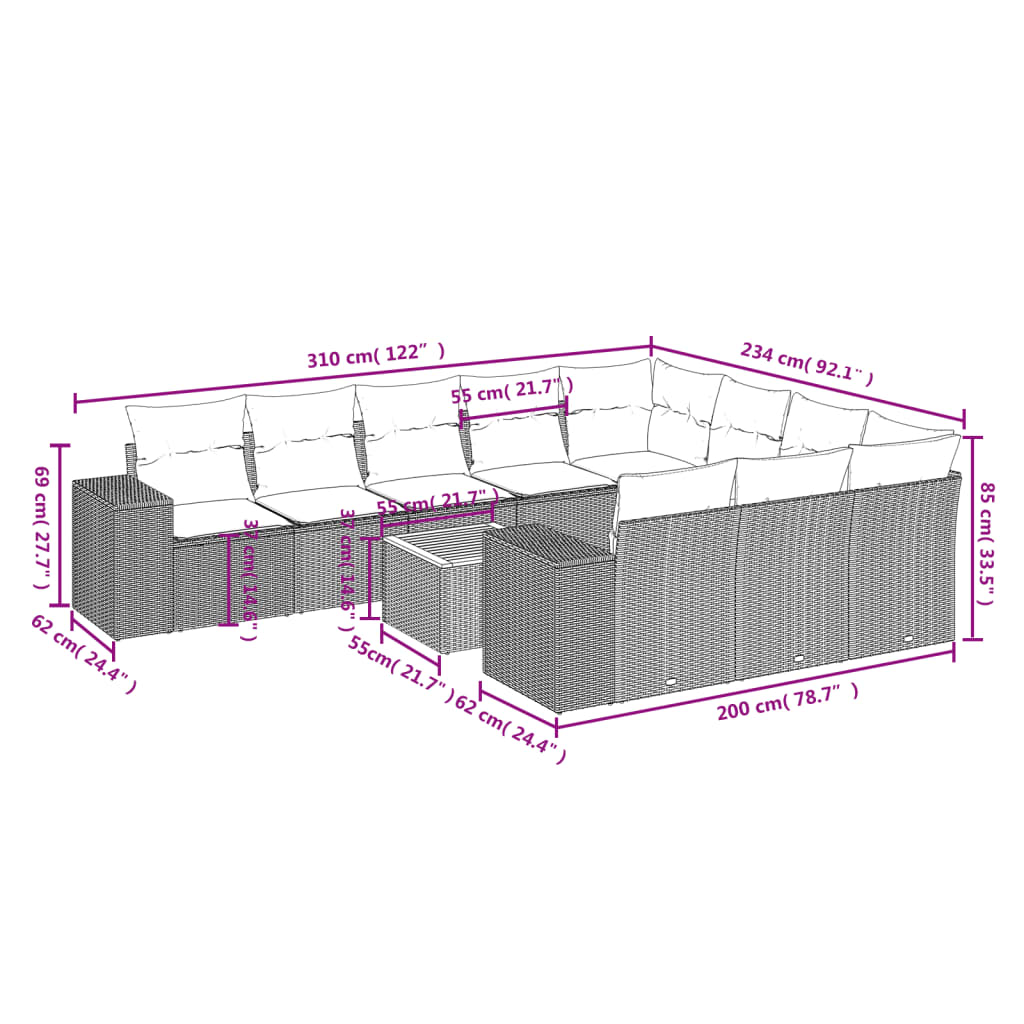 11-Delige Loungeset Met Kussens Poly Rattan Grijs