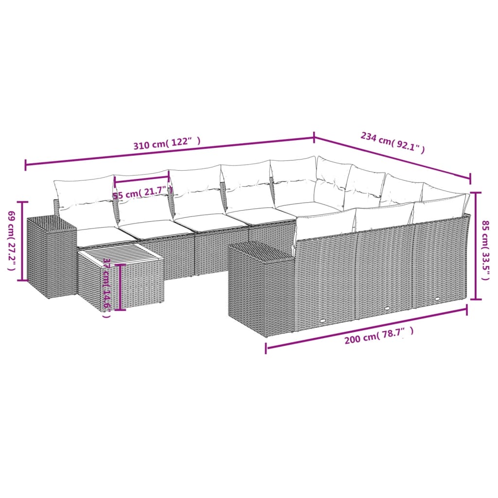 11-Delige Loungeset Met Kussens Poly Rattan Zwart