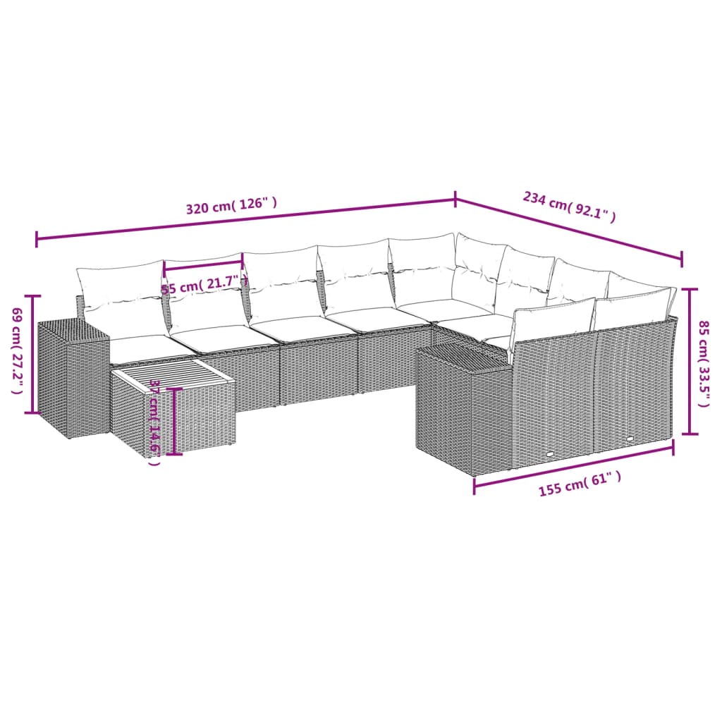 11-Delige Loungeset Met Kussens Poly Rattan Grijs