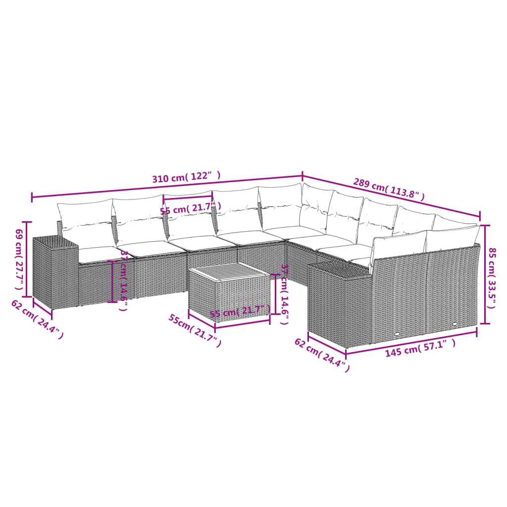 11-Delige Loungeset Met Kussens Poly Rattan Zwart