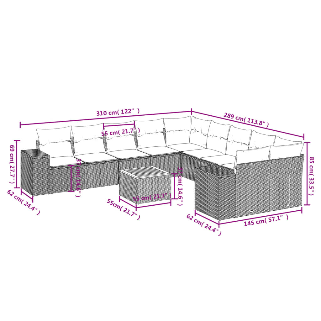 11-Delige Loungeset Met Kussens Poly Rattan Grijs