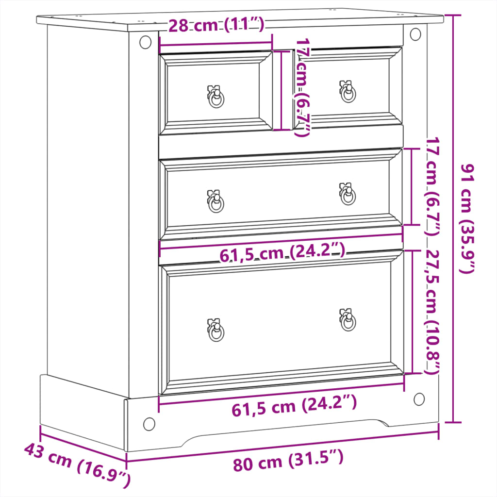 Ladekast Corona 80X43X91 Cm Massief Grenenhout Bruin