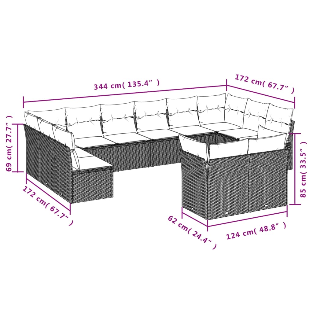 12-Delige Loungeset Met Kussens Poly Rattan Bruin