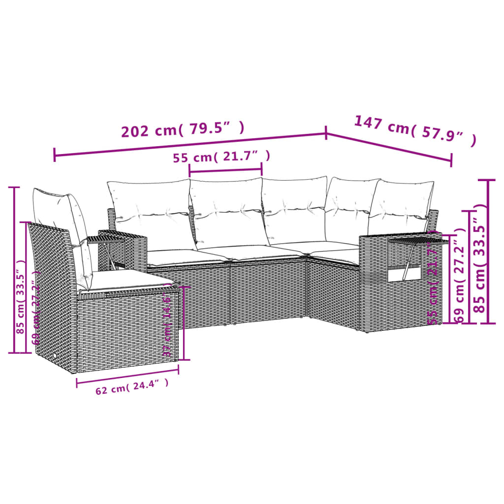 5-Delige Loungeset Met Kussens Poly Rattan Grijs