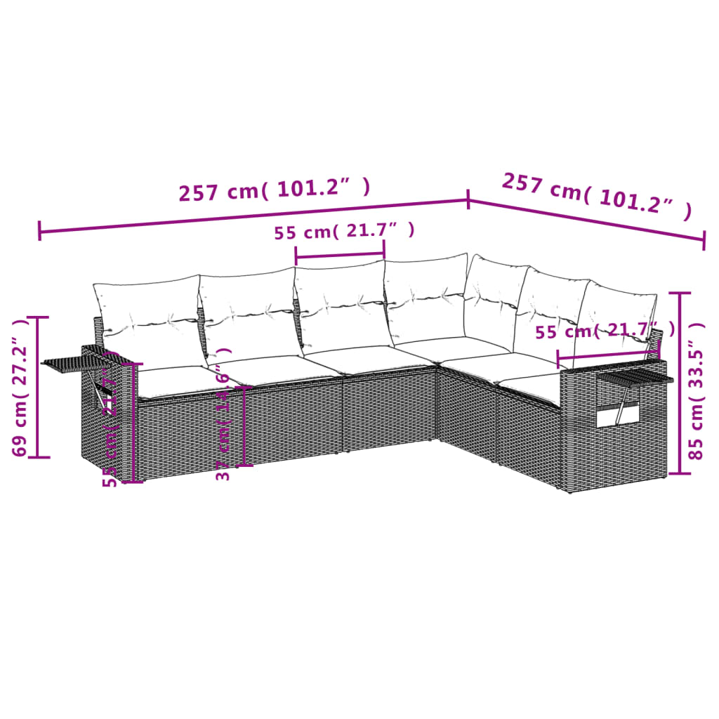 6-Delige Loungeset Met Kussens Poly Rattan Grijs