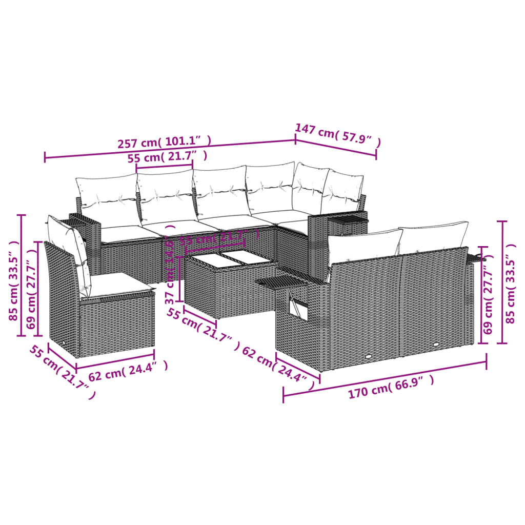9-Delige Loungeset Met Kussens Poly Rattan Zwart