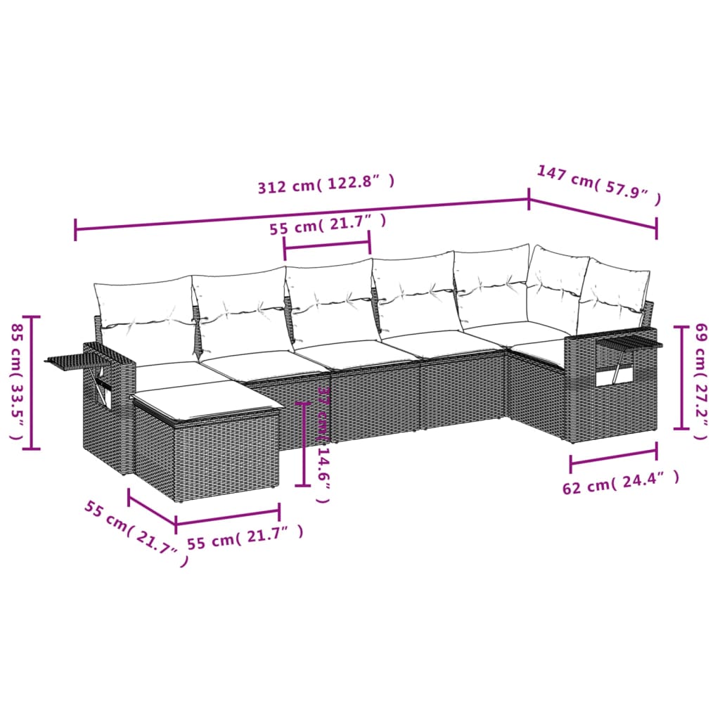 7-Delige Loungeset Met Kussens Poly Rattan Grijs