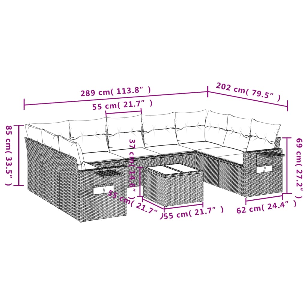 10-Delige Loungeset Met Kussens Poly Rattan Zwart