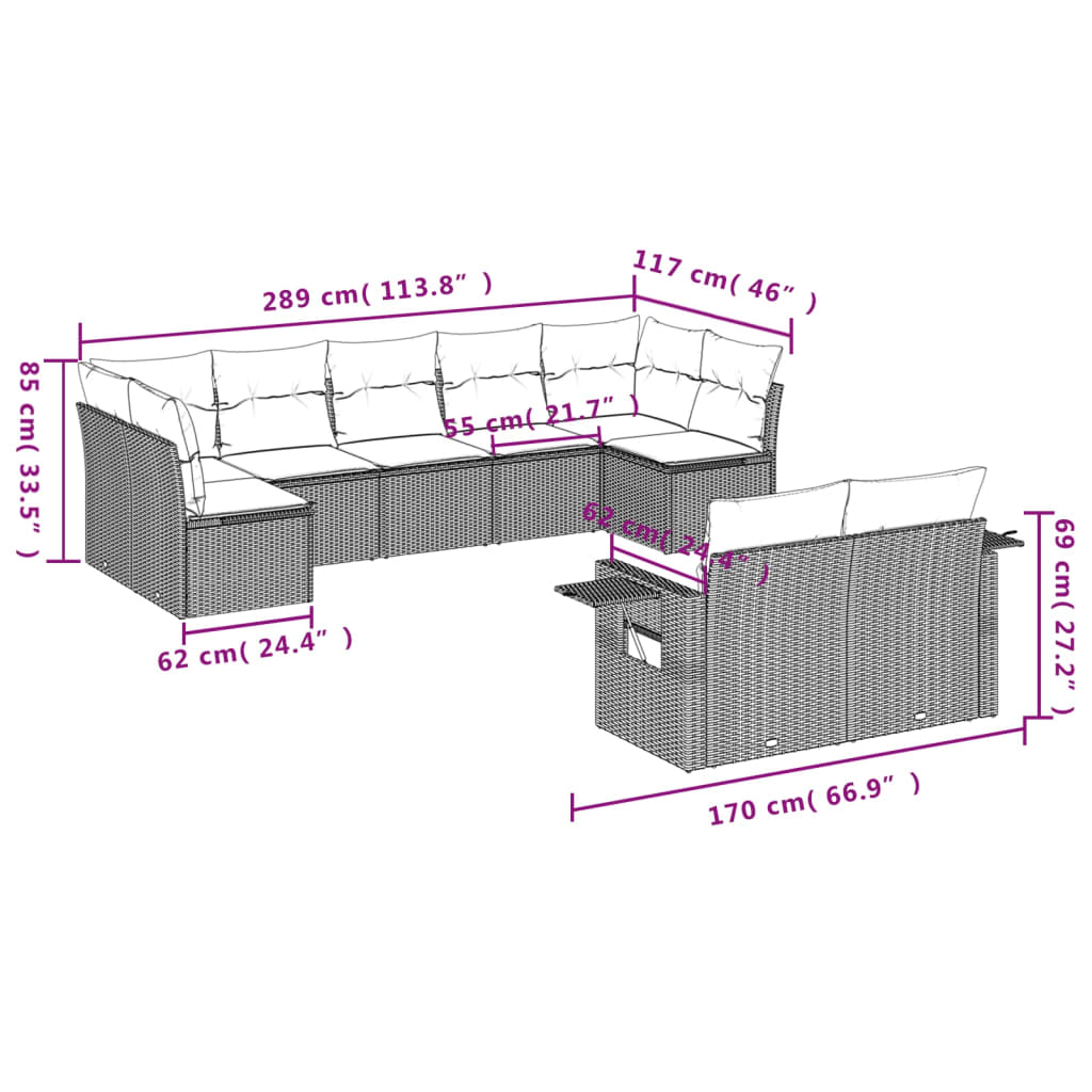 9-Delige Loungeset Met Kussens Poly Rattan Grijs