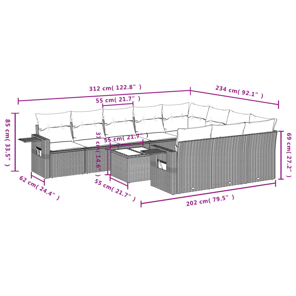 11-Delige Loungeset Met Kussens Poly Rattan Zwart