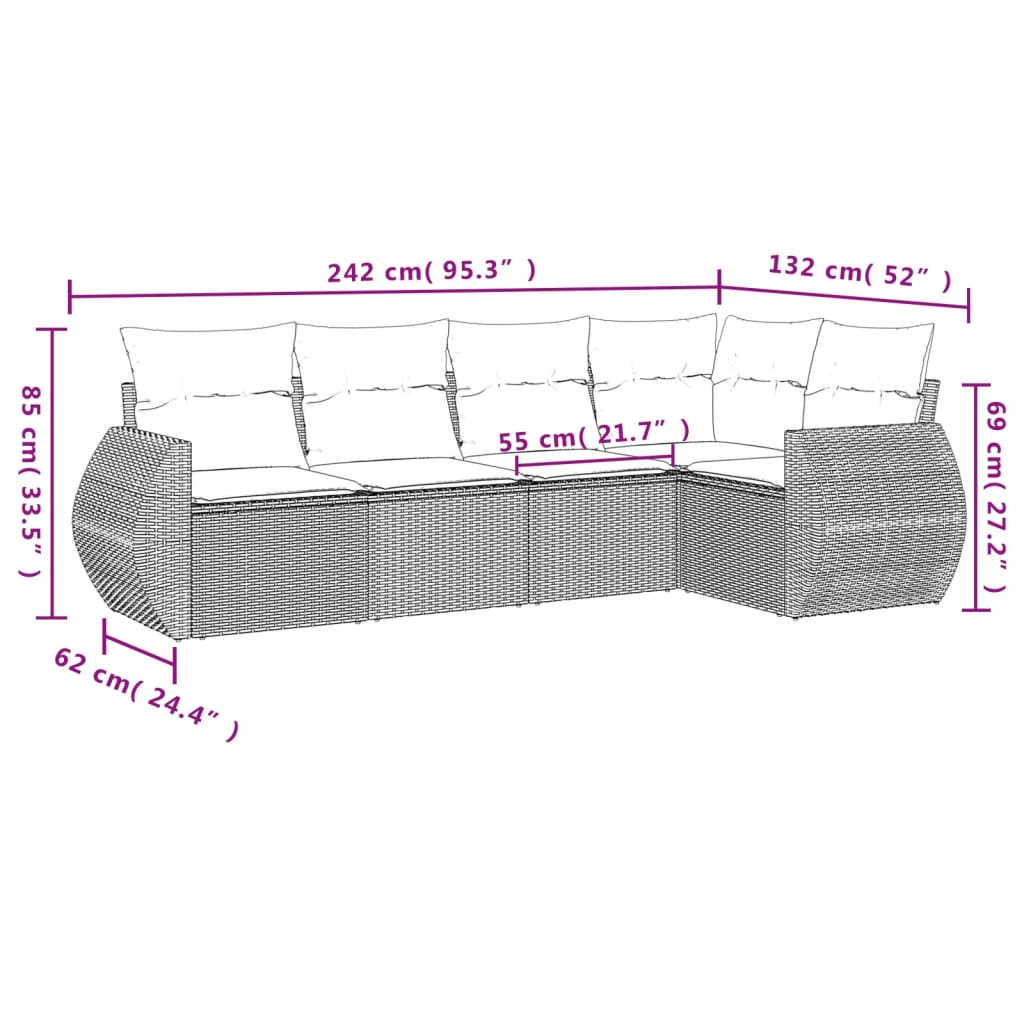 5-Delige Loungeset Met Kussens Poly Rattan Zwart