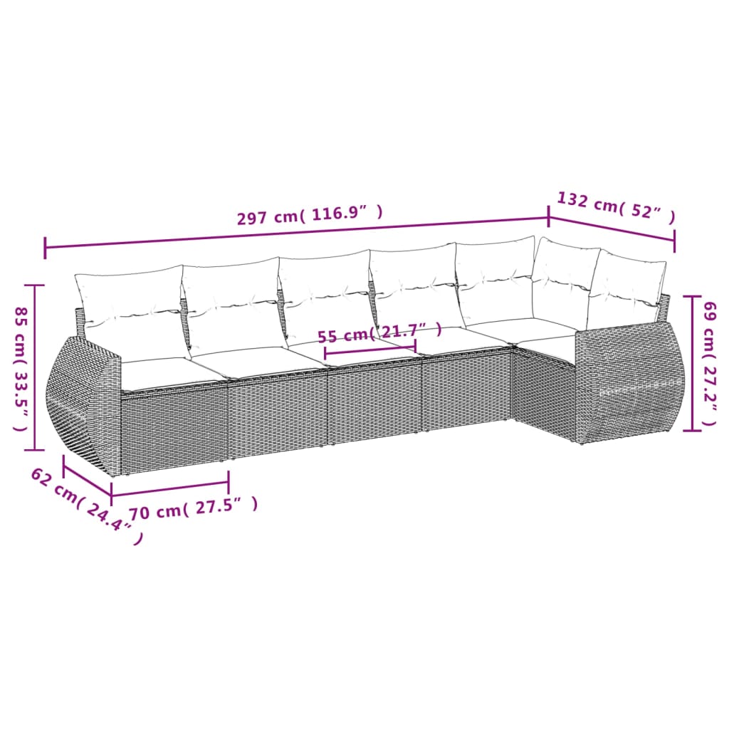 6-Delige Loungeset Met Kussens Poly Rattan Grijs
