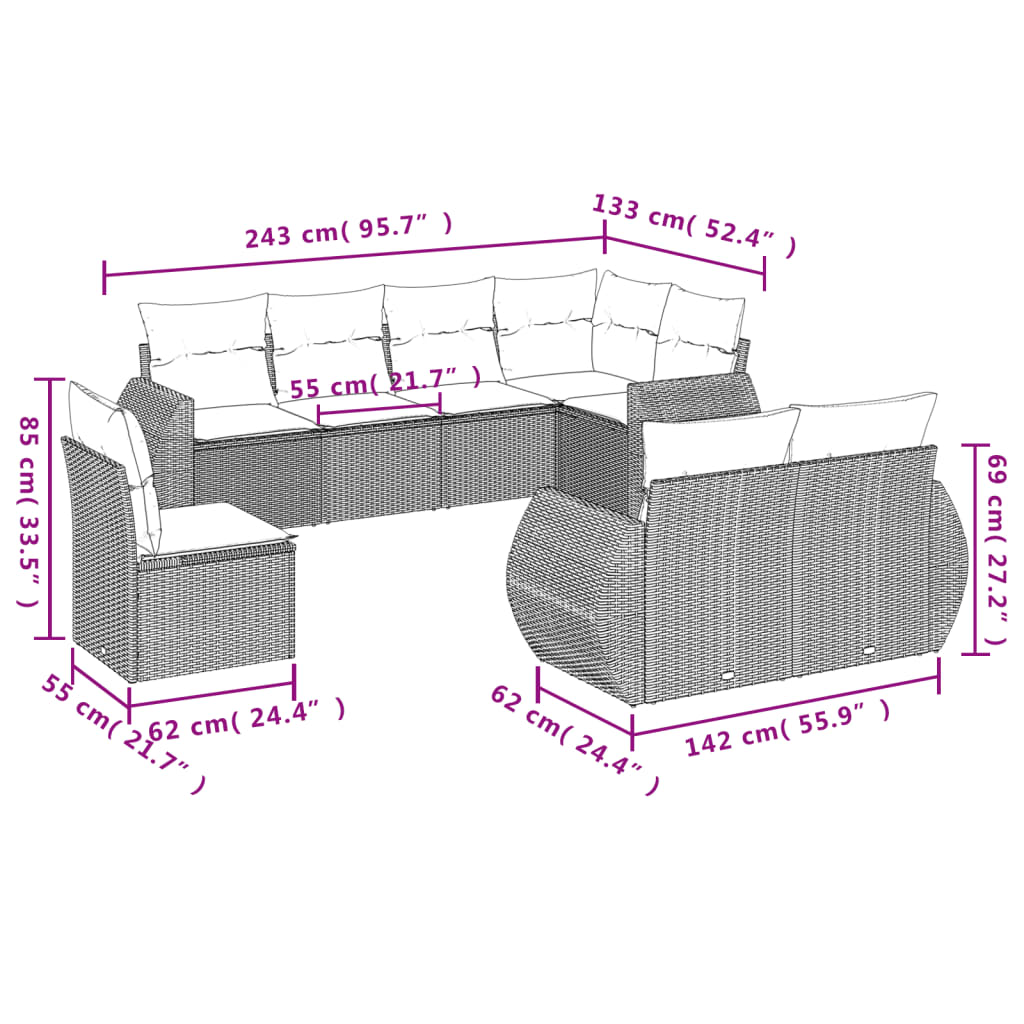 8-Delige Loungeset Met Kussens Poly Rattan Grijs