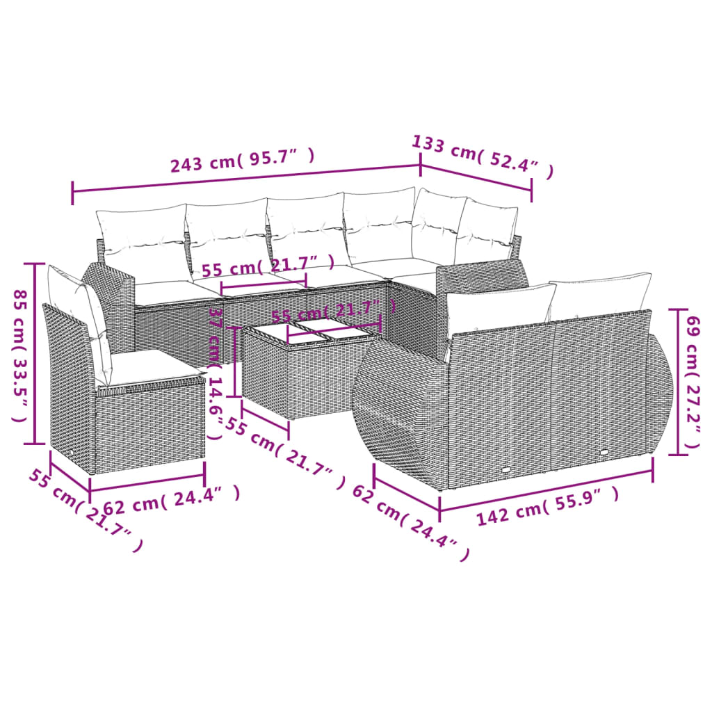 9-Delige Loungeset Met Kussens Poly Rattan Zwart