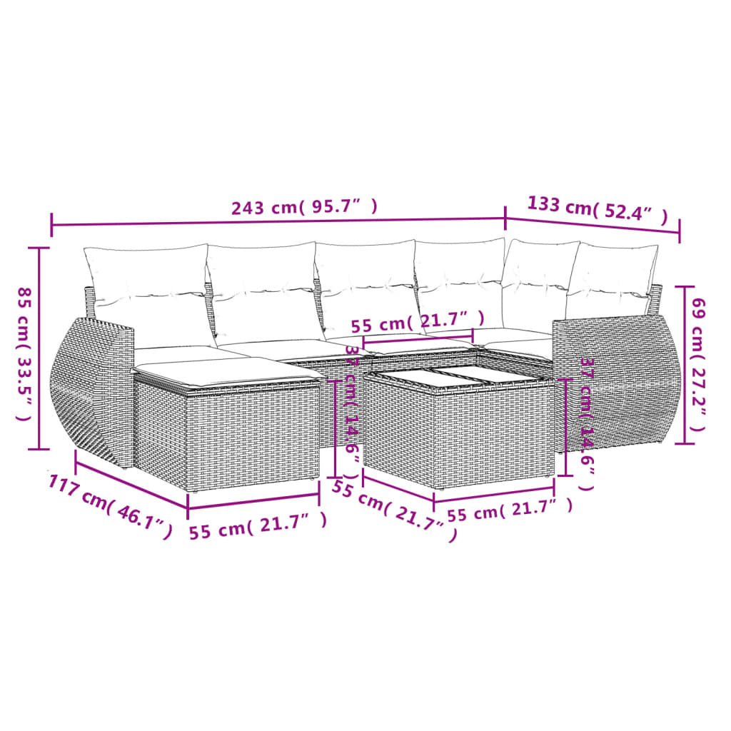 7-Delige Loungeset Met Kussens Poly Rattan Grijs