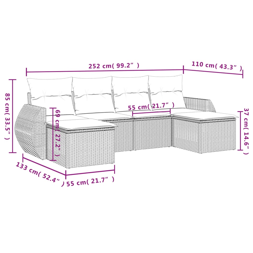 6-Delige Loungeset Met Kussens Poly Rattan Grijs