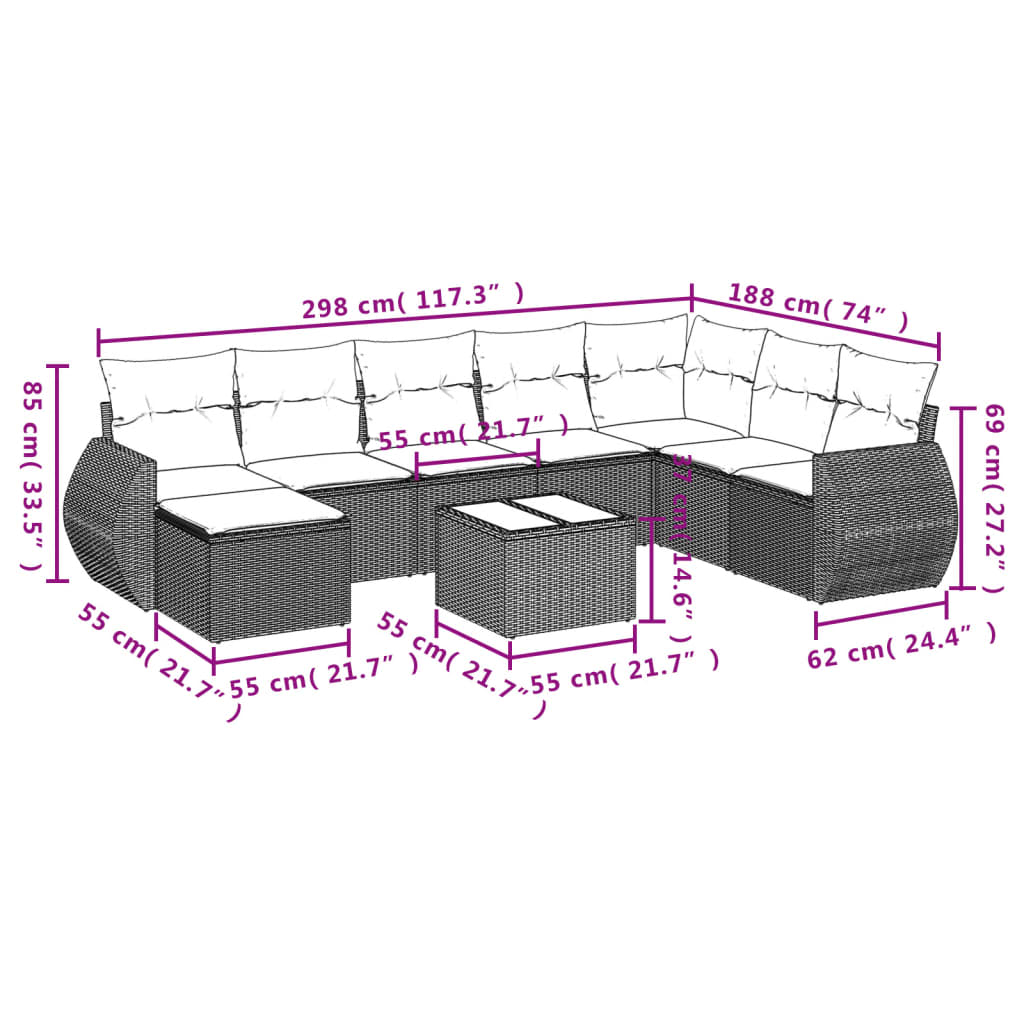 9-Delige Loungeset Met Kussens Poly Rattan Grijs