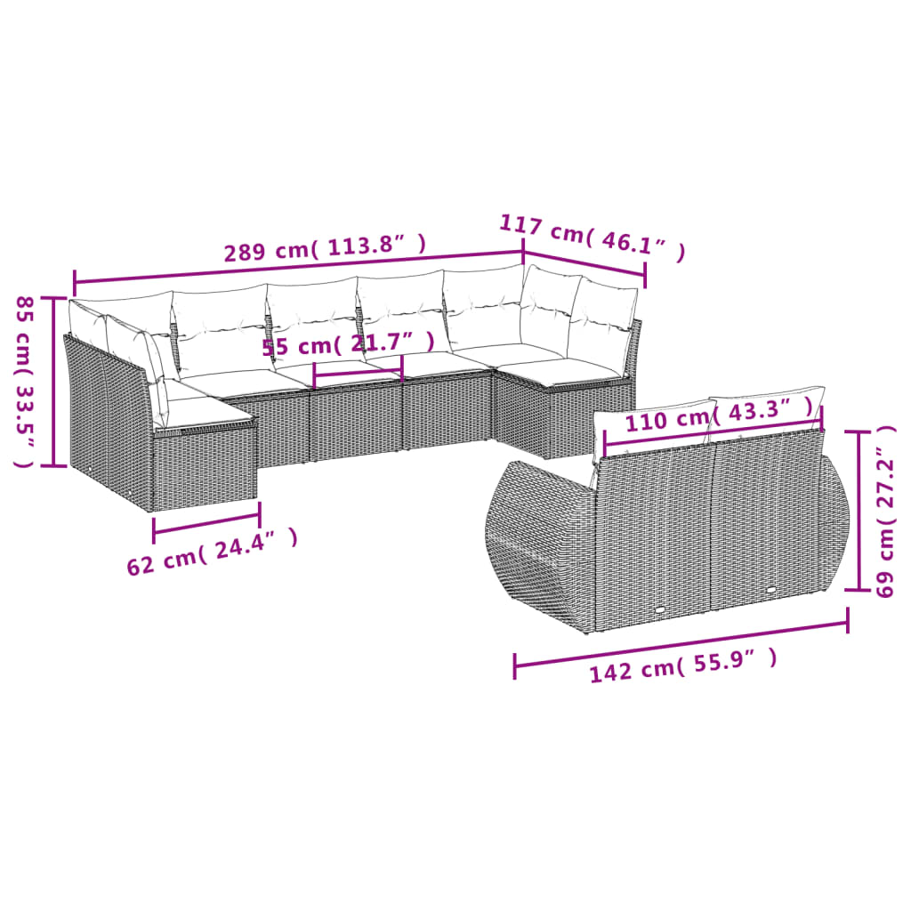 9-Delige Loungeset Met Kussens Poly Rattan Grijs