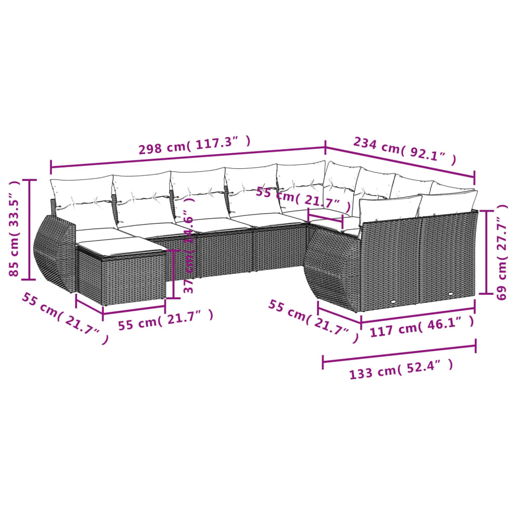 10-Delige Loungeset Met Kussens Poly Rattan Zwart