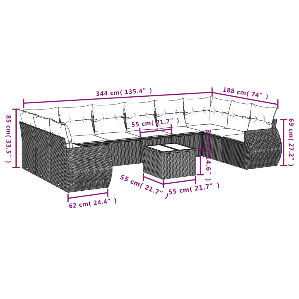 10-Delige Loungeset Met Kussens Poly Rattan Zwart