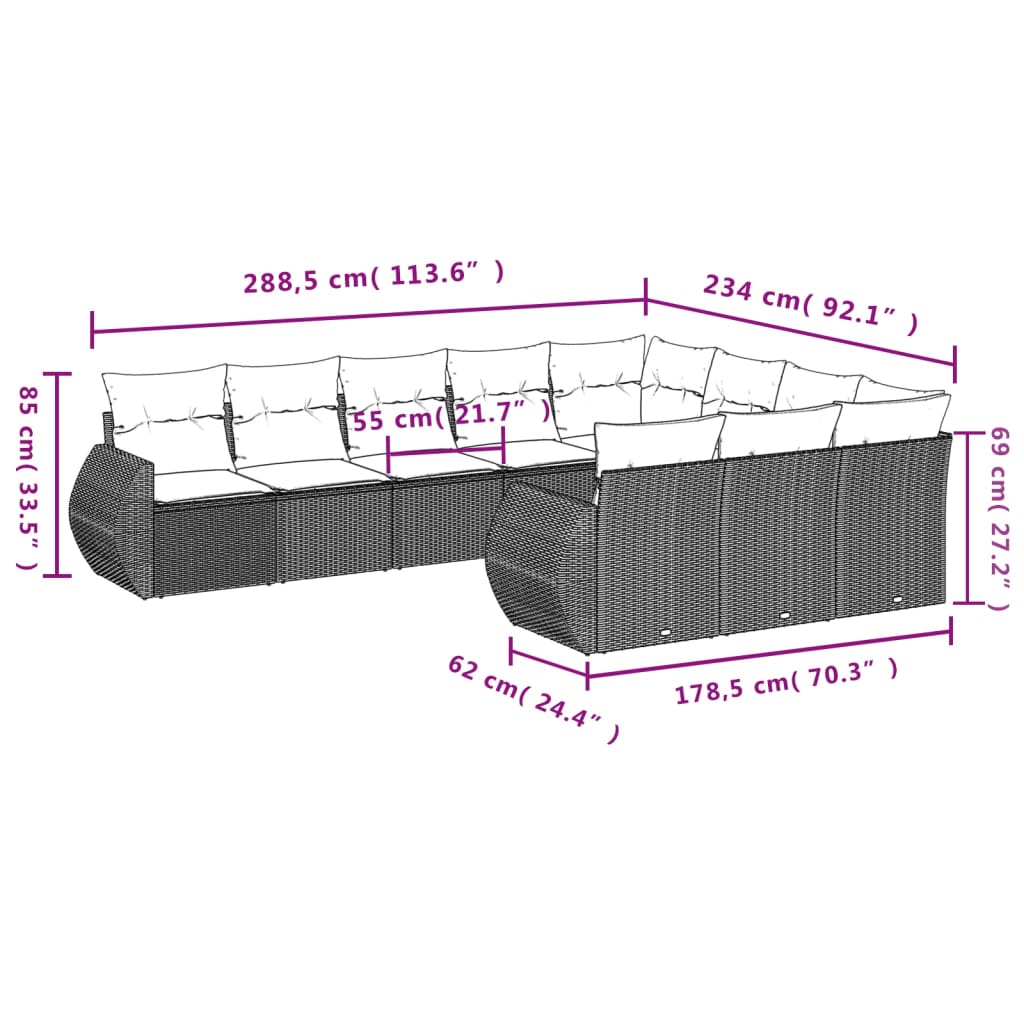 10-Delige Loungeset Met Kussens Poly Rattan Grijs