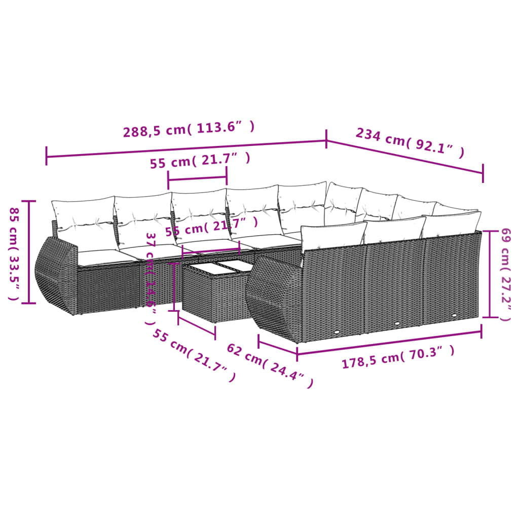 11-Delige Loungeset Met Kussens Poly Rattan Zwart